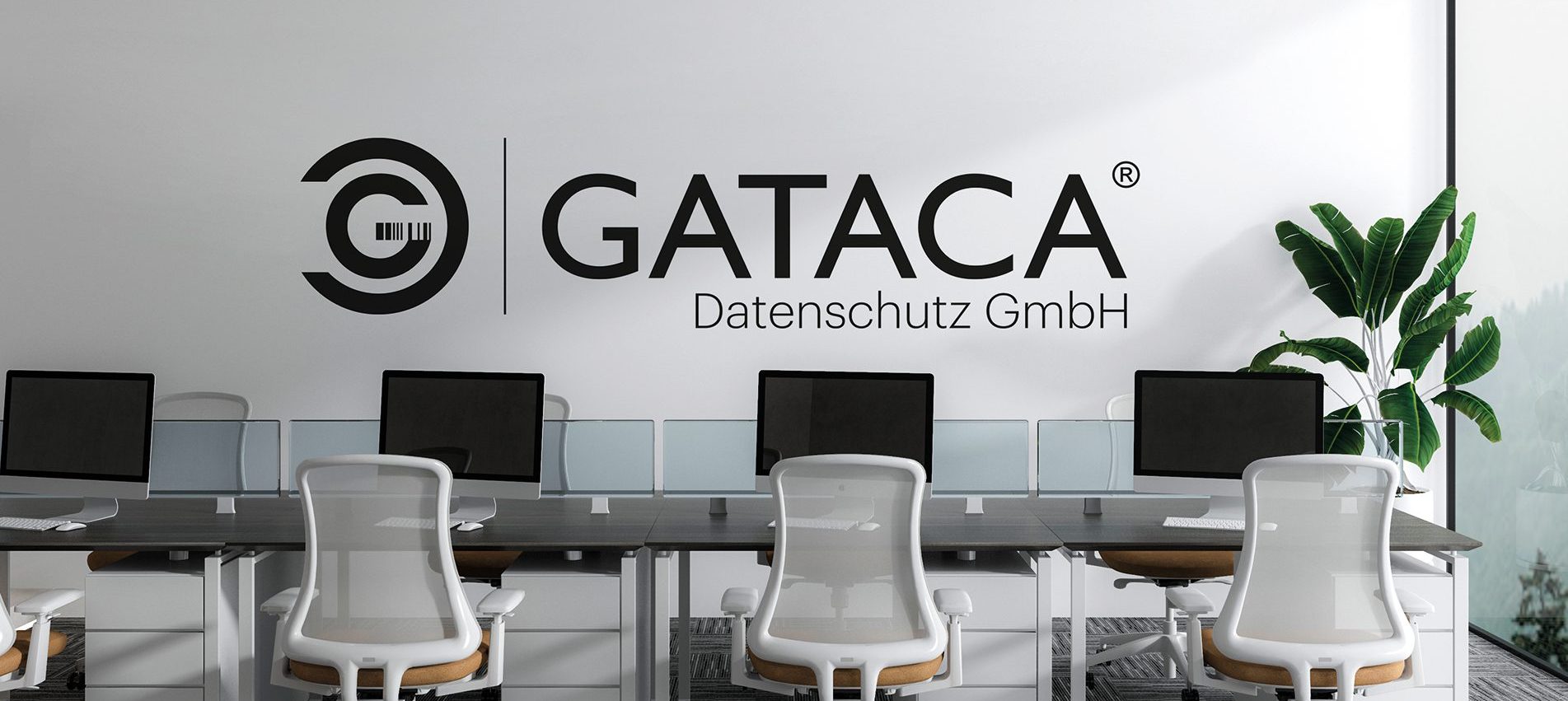 Modernes Bürp mit Glas und Pflanzen. Wand Bedruckt mit GATACA Datenschutz GmbH Logo