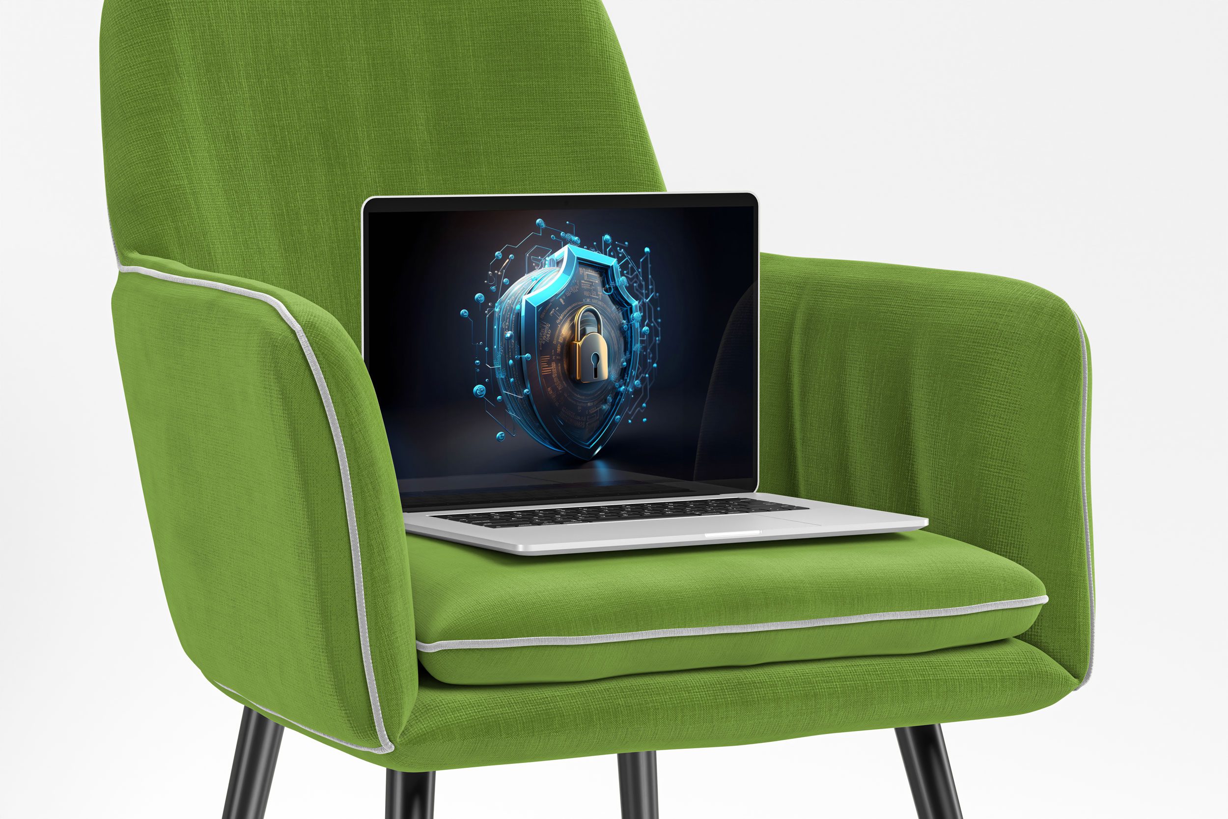 Macbook mit Datenschutzschloss steht aufg einem Grünen Sessel