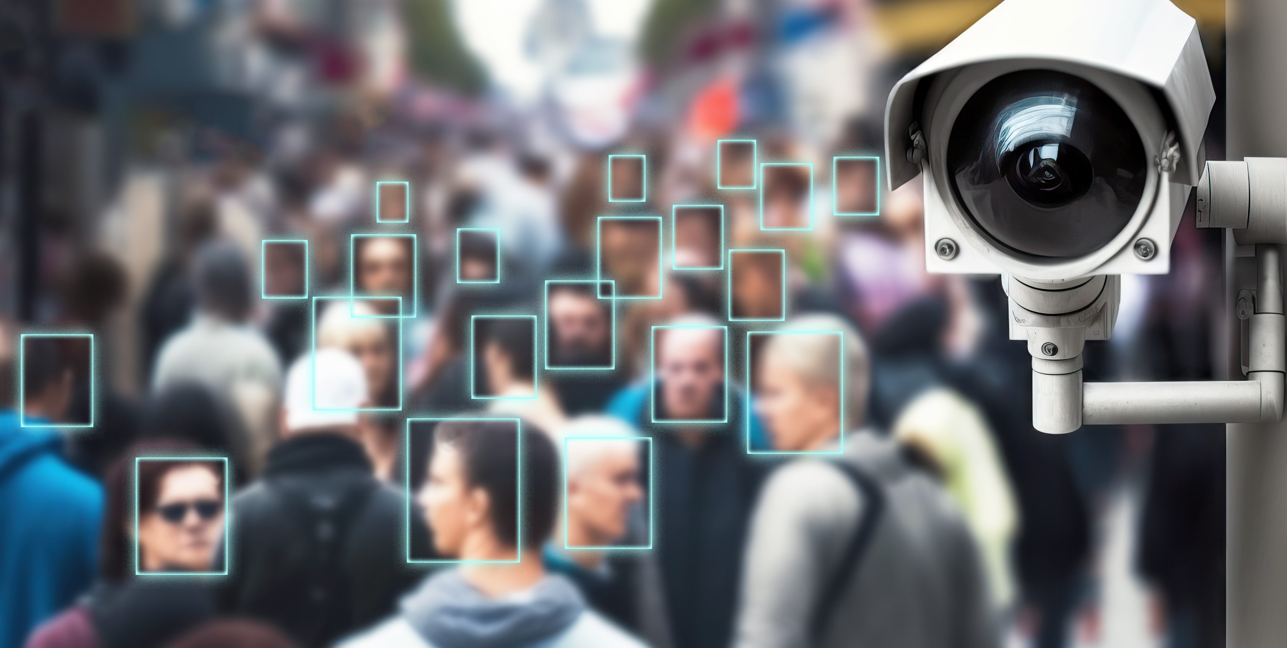 Eine Überwachungskamera in einer belebten Straße, die Gesichtserkennungstechnologie zur Überwachung der Bevölkerung einsetzt
