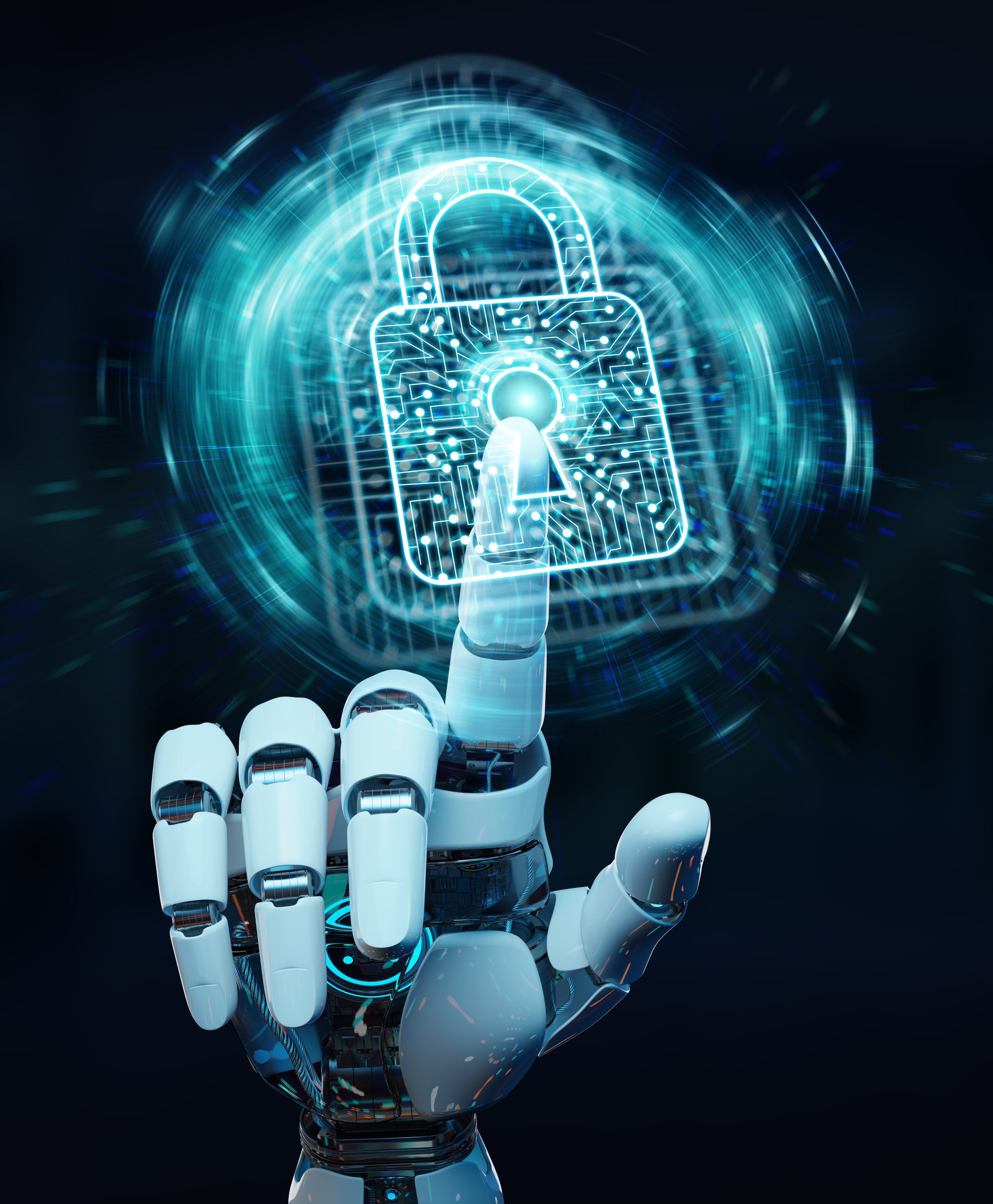 Weißer Roboter Hand auf unscharfen Hintergrund Sicherung digitaler Daten 3D-Rendering