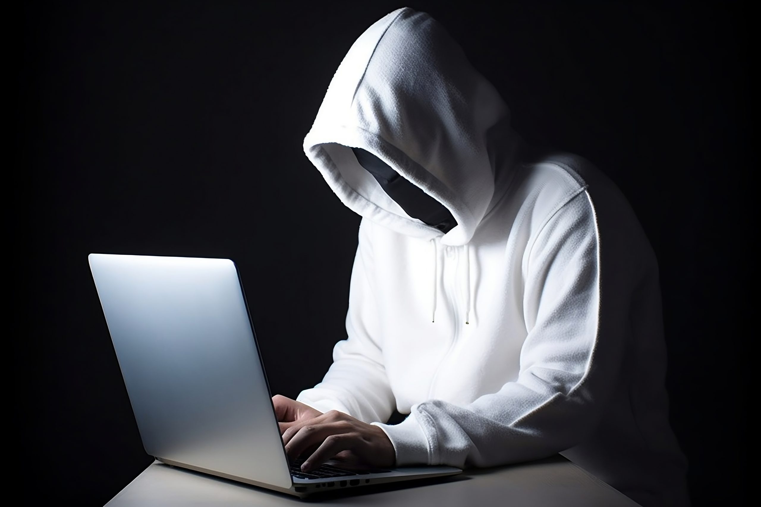 Anonymer Hacker im weißen Kapuzenpulli tippt auf einem Laptop AI