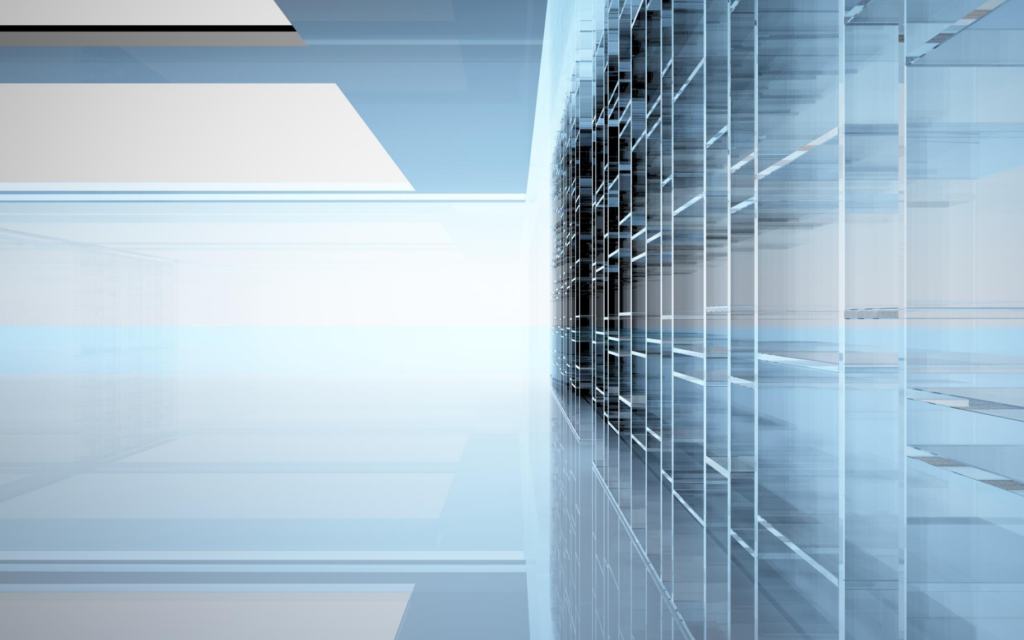Abstrakte Darstellung eines modernen Gebäudes mit Glasfassade und klaren Linien.