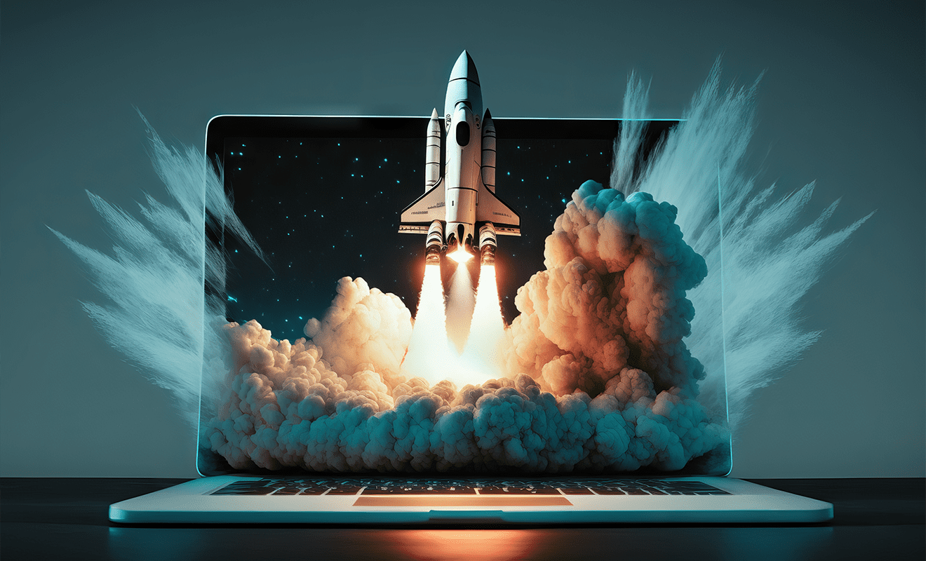 Startende Rakete aus einem Laptop Bildschirm mit viel Rauchwolken