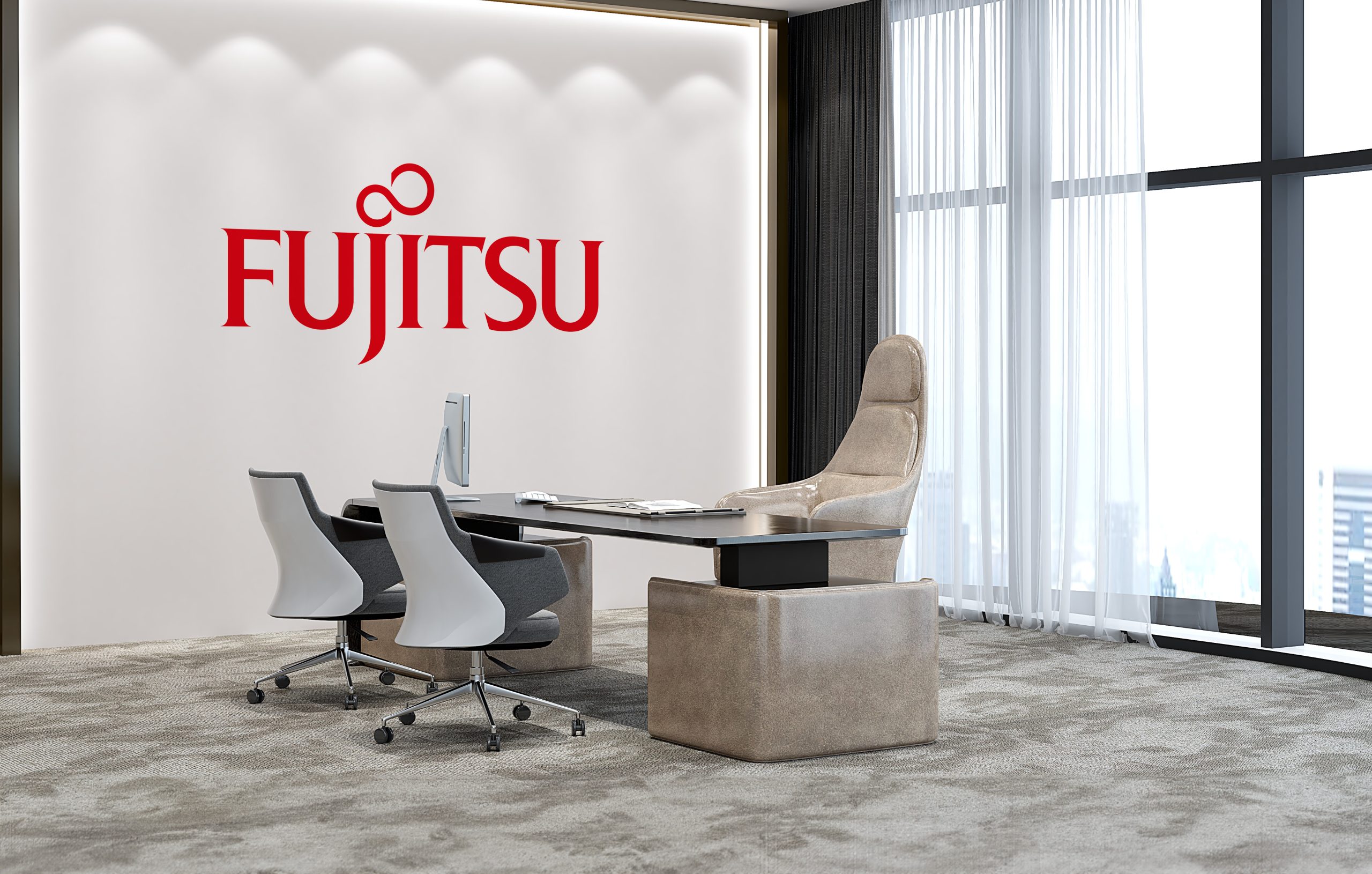 Modernes Chefbüro in eines Großstadt mit Fujitsu Logo an der Wand