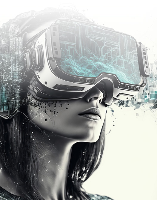 Eine Frau trägt ein Virtual-Reality-Headset mit futuristischen Technologieelementen. Generative KI. zugeschnitten mit Weißem verlauf von oben