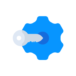 Blaues Icon eines Zahnrades welches mit einem Schlüssel gesichert ist
