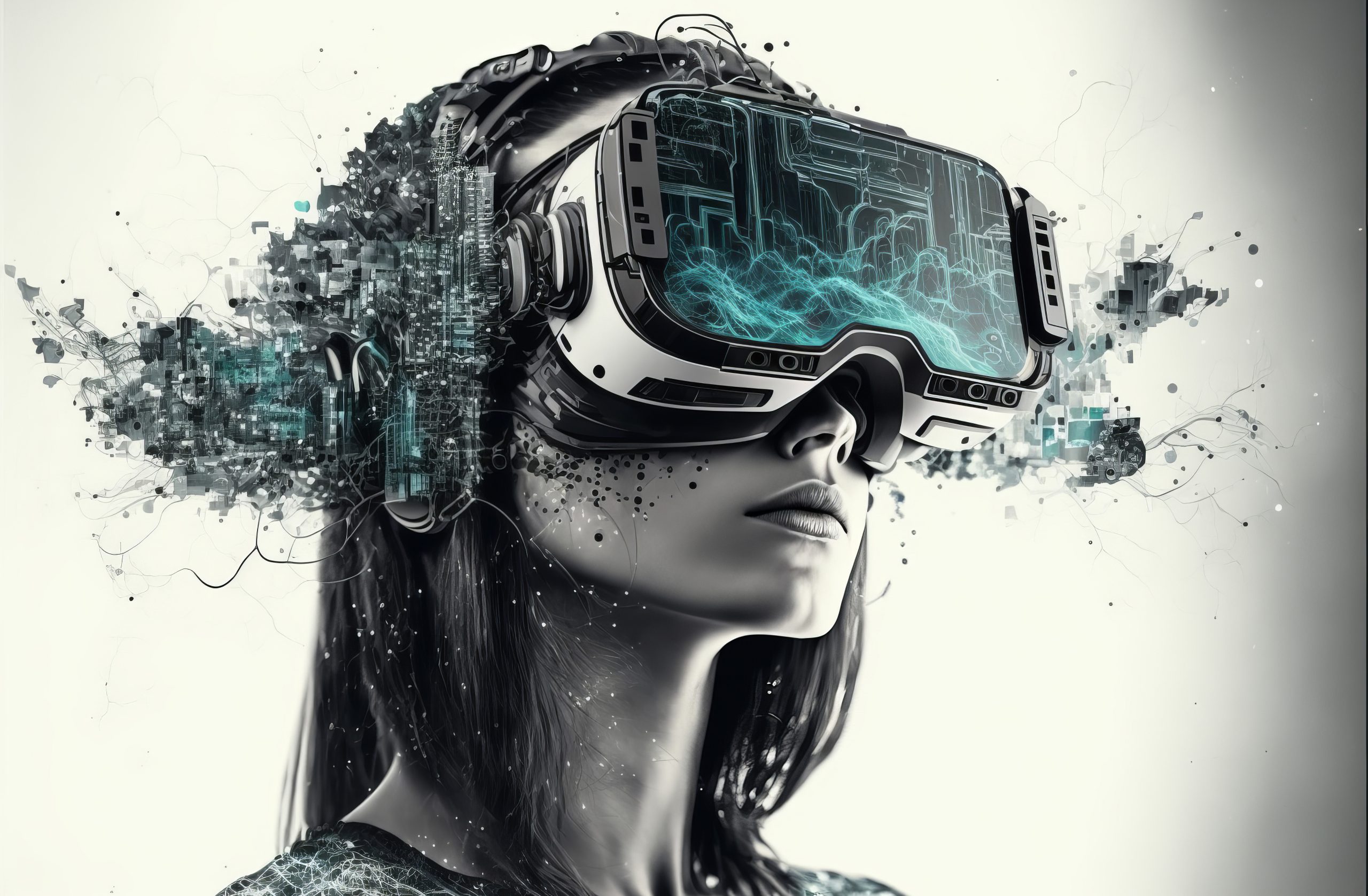 Eine Frau trägt ein Virtual-Reality-Headset mit futuristischen Technologieelementen. Generative KI.