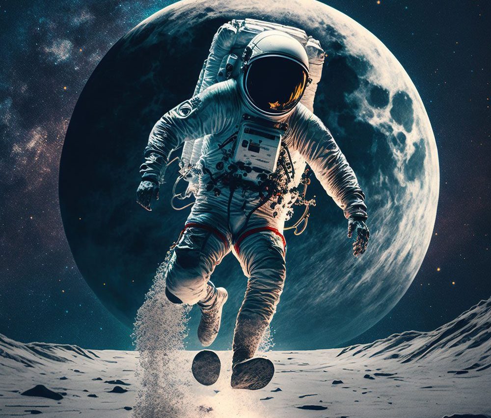 Astronaut schwebt über den Mond direkt auf einen zu