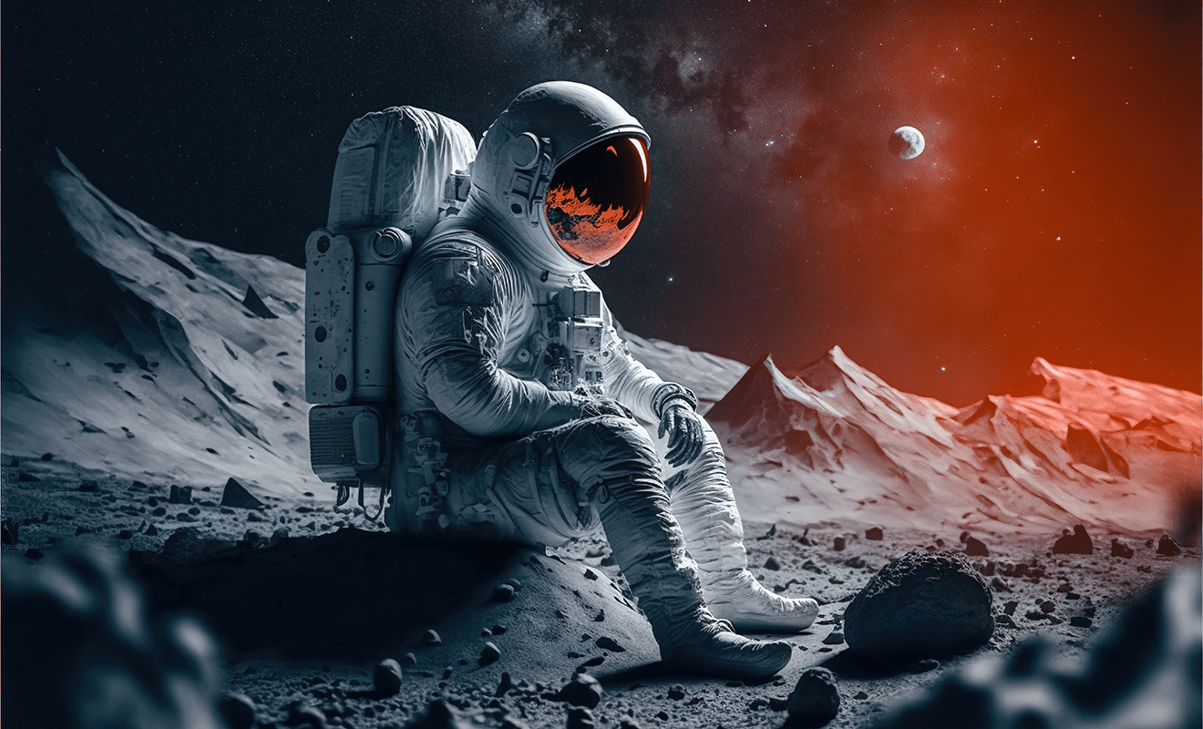 Astronaut sitzt alleine auf einem Fels im Weltall