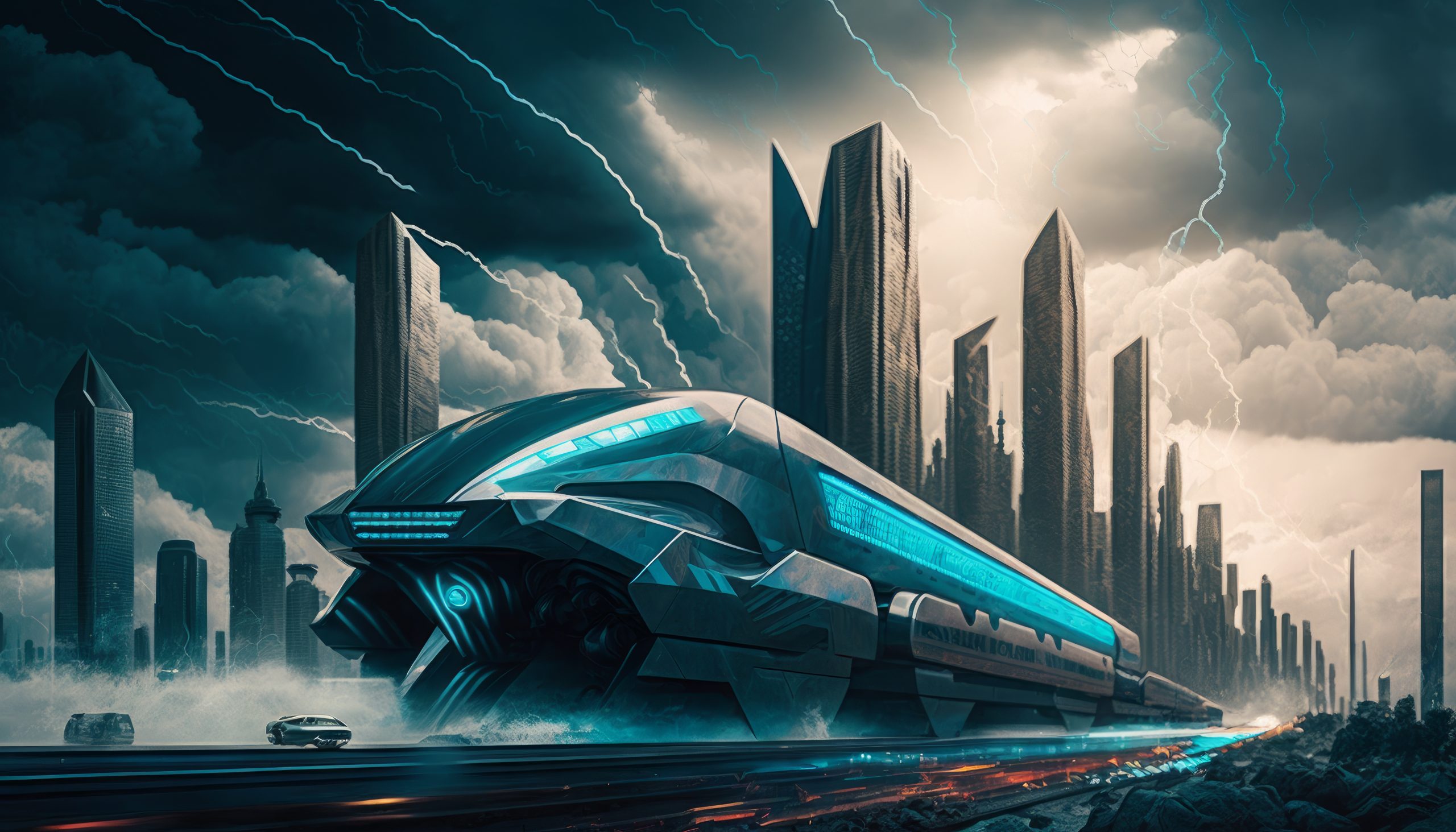 Hochgeschwindigkeitszug in einer futuristischen Stadt.