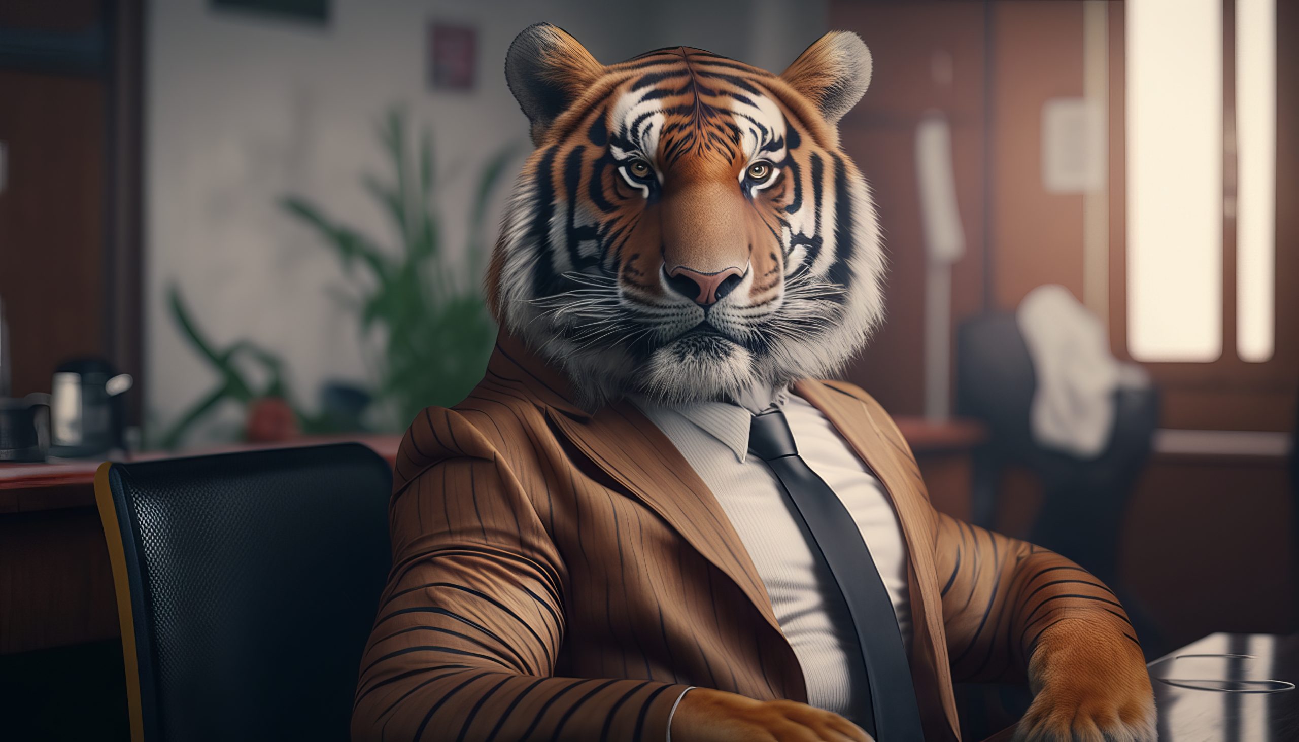 Porträt eines Tigers in einem Geschäftsanzug mit Krawatte.