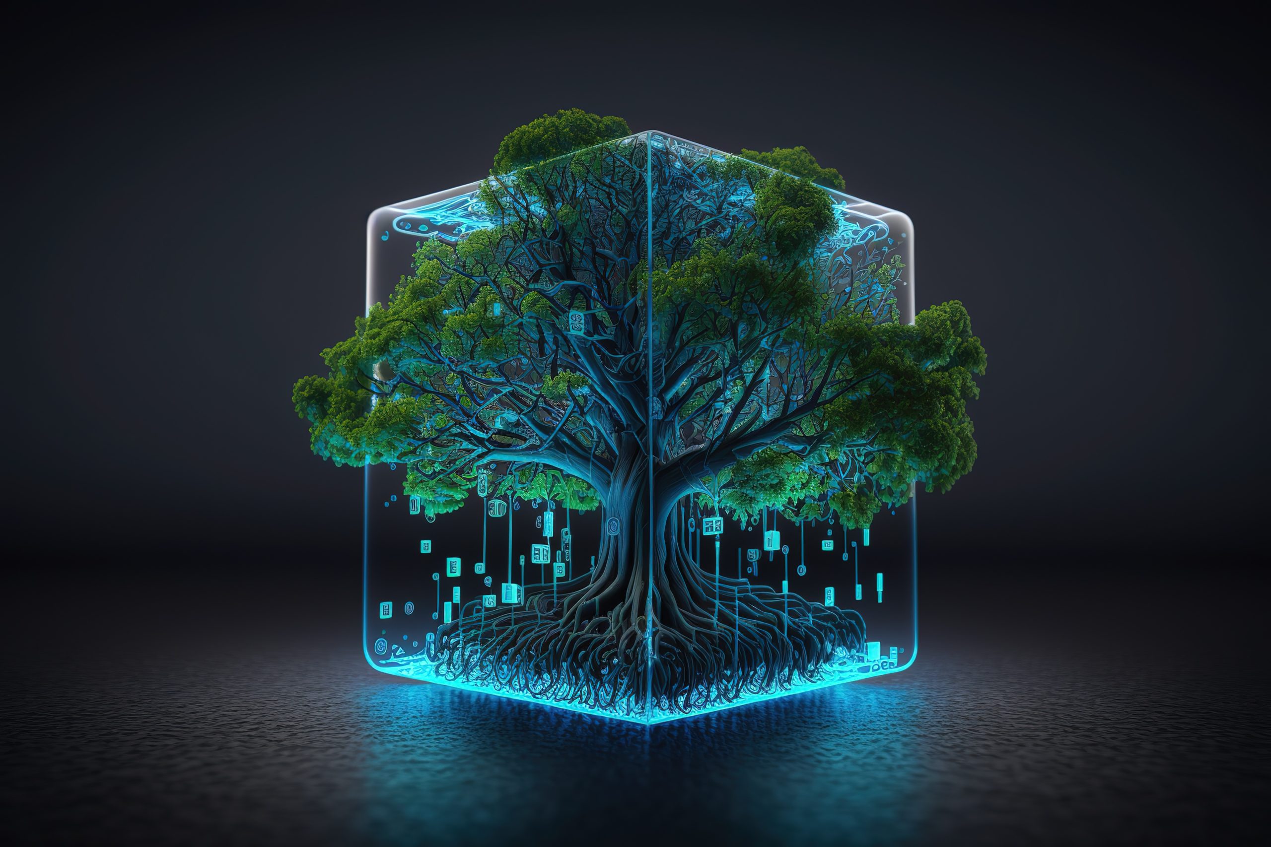 Ein Baum wächst auf einem digitalen Würfel, grüne Technologien, generative KI