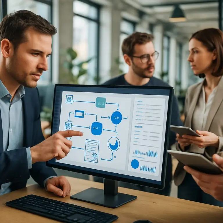 Geschäftsleute besprechen Prozessautomatisierung mit DOCBOX® an einem Bildschirm.