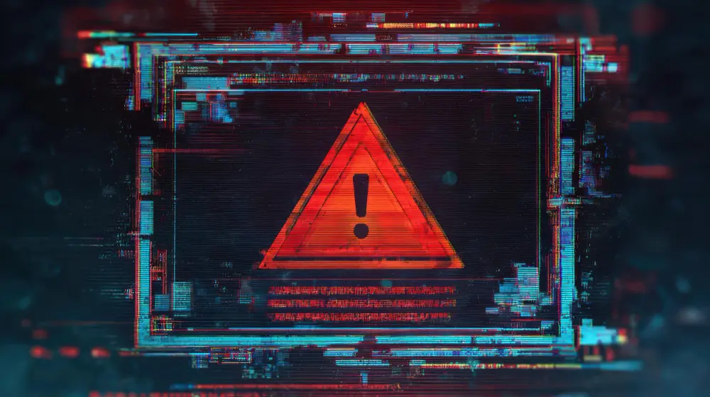 Warnzeichen im Stil von Rockyou2024 Passwort-Leak mit Glitch-Effekt.