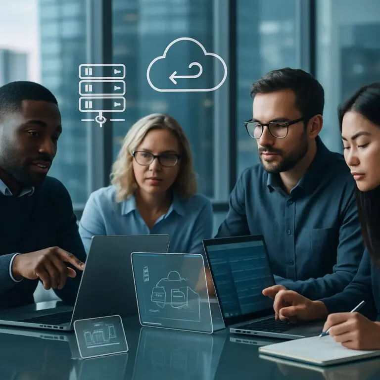 Team bespricht Cloud-Migration mit VMware-Technologie. Server-Cloud-Grafik.