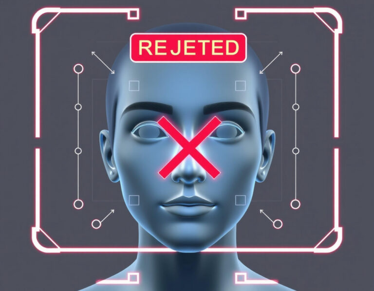 KI-Deepfake: Gesichtserkennung fehlgeschlagen, "REJECTED" Anzeige.