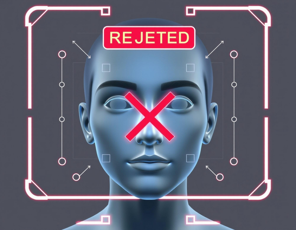 KI-Deepfake: Gesichtserkennung fehlgeschlagen, "REJECTED" Anzeige.