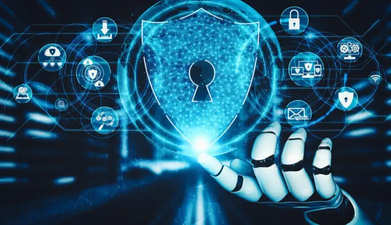 KI-basierter Schutzschild mit Schlüsselloch, umgeben von Cybersecurity-Symbolen. KI IT-Sicherheit.