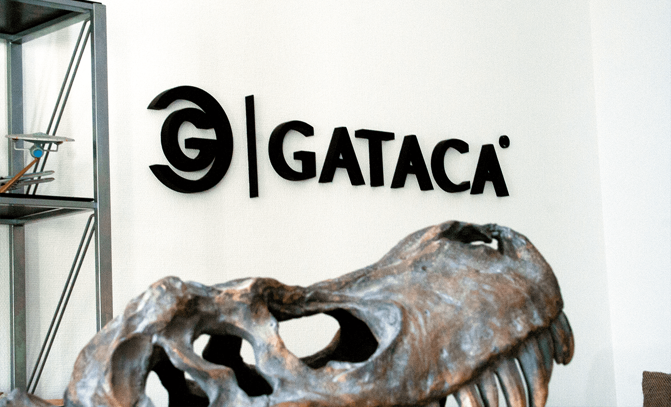 Dino Kopf- Schädel im vordergrund und GATACA Logo in 3D Buchstaben im Hintergrund