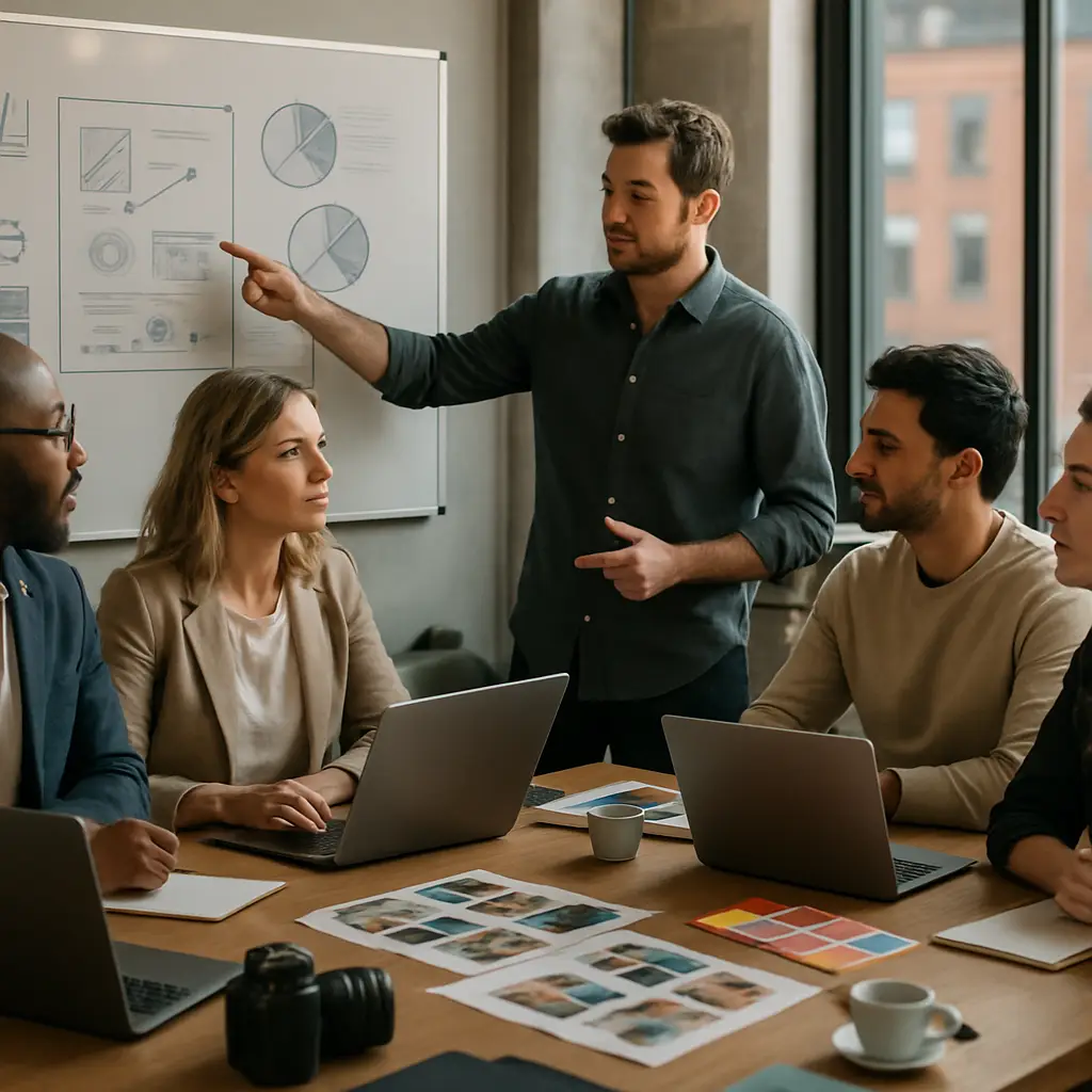 Team bespricht Werbekampagne mit Diagrammen. Zusammenarbeit mit Werbeagentur.