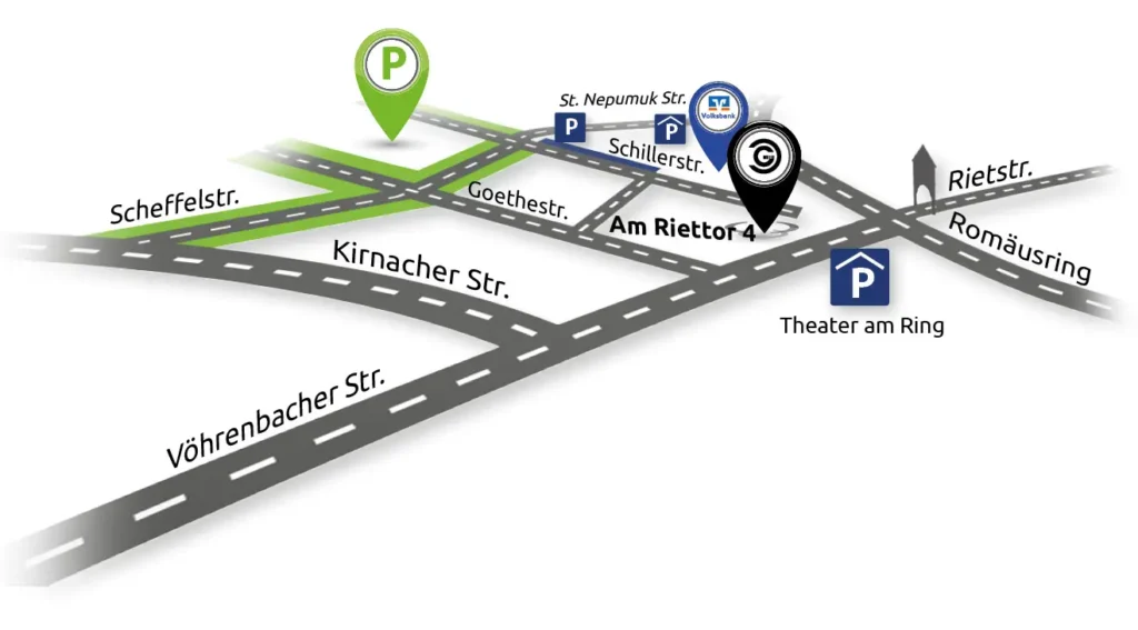 Karte von Am Riettor 4 mit Parkplätzen, St. Nepumuk Str., Schillerstr., Theater am Ring. Kontakt-Informationen.