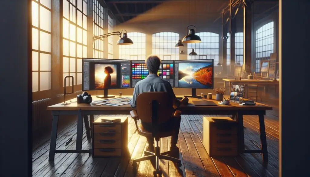 Fotograf bearbeitet Bilder auf zwei Monitoren in hellem Atelier. KI-Bildbearbeitung.