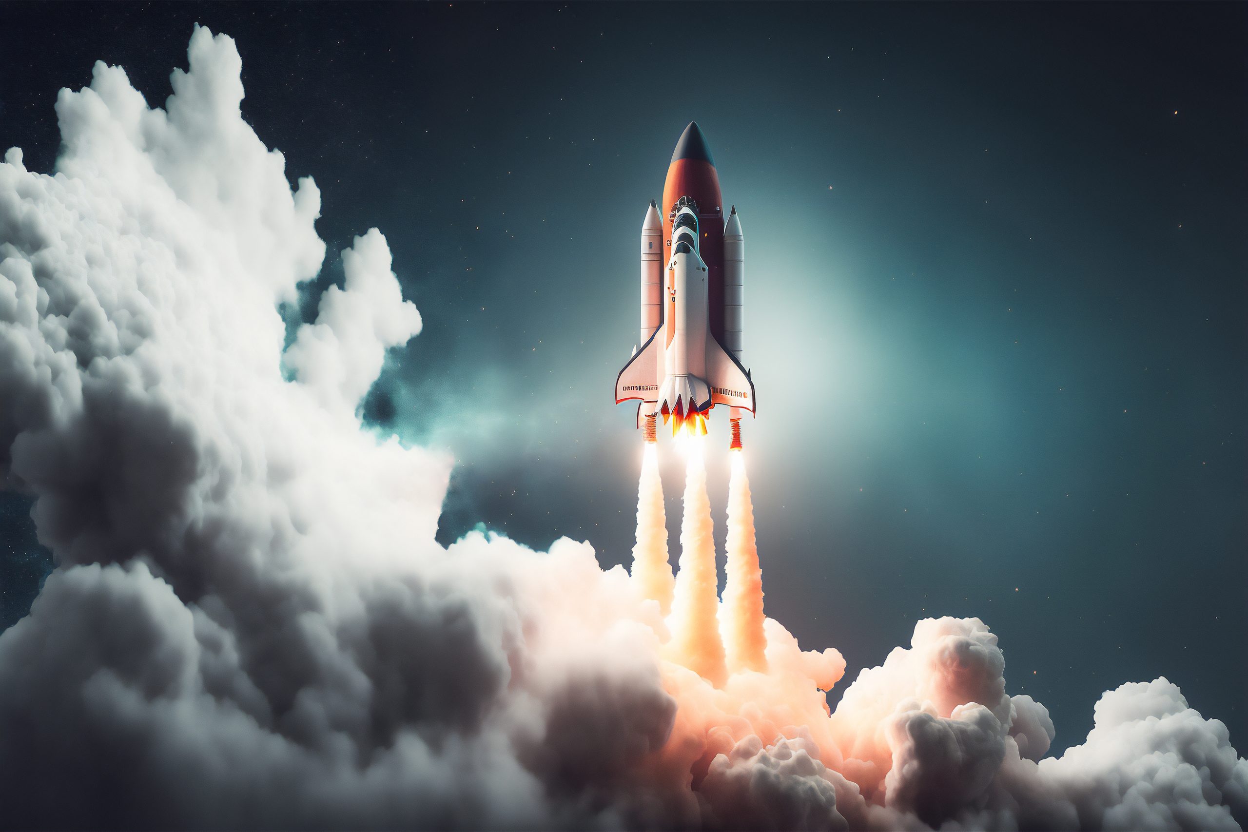 Rocket Startup mit Feuer Flammen und Rauch Wolke auf Sternenhimmel Hintergrund. Flugzeug Shuttle abheben in die Tiefen des Raumes. Raumschiff Reise in der Atmosphäre