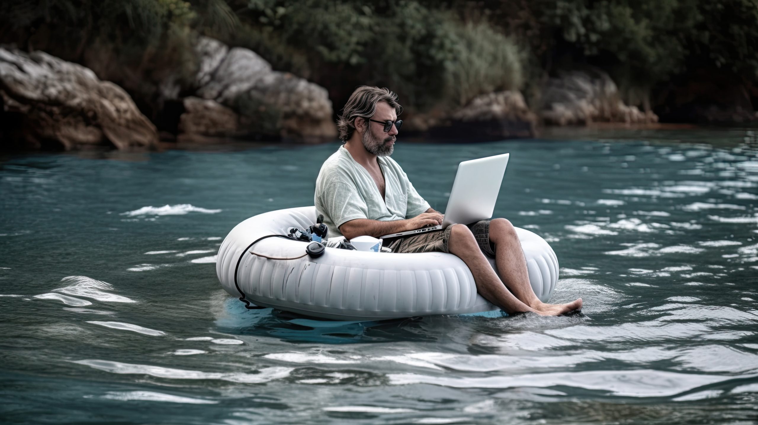Geschäftsmann arbeitet an einem Laptop in einem Schlauchboot im Meer