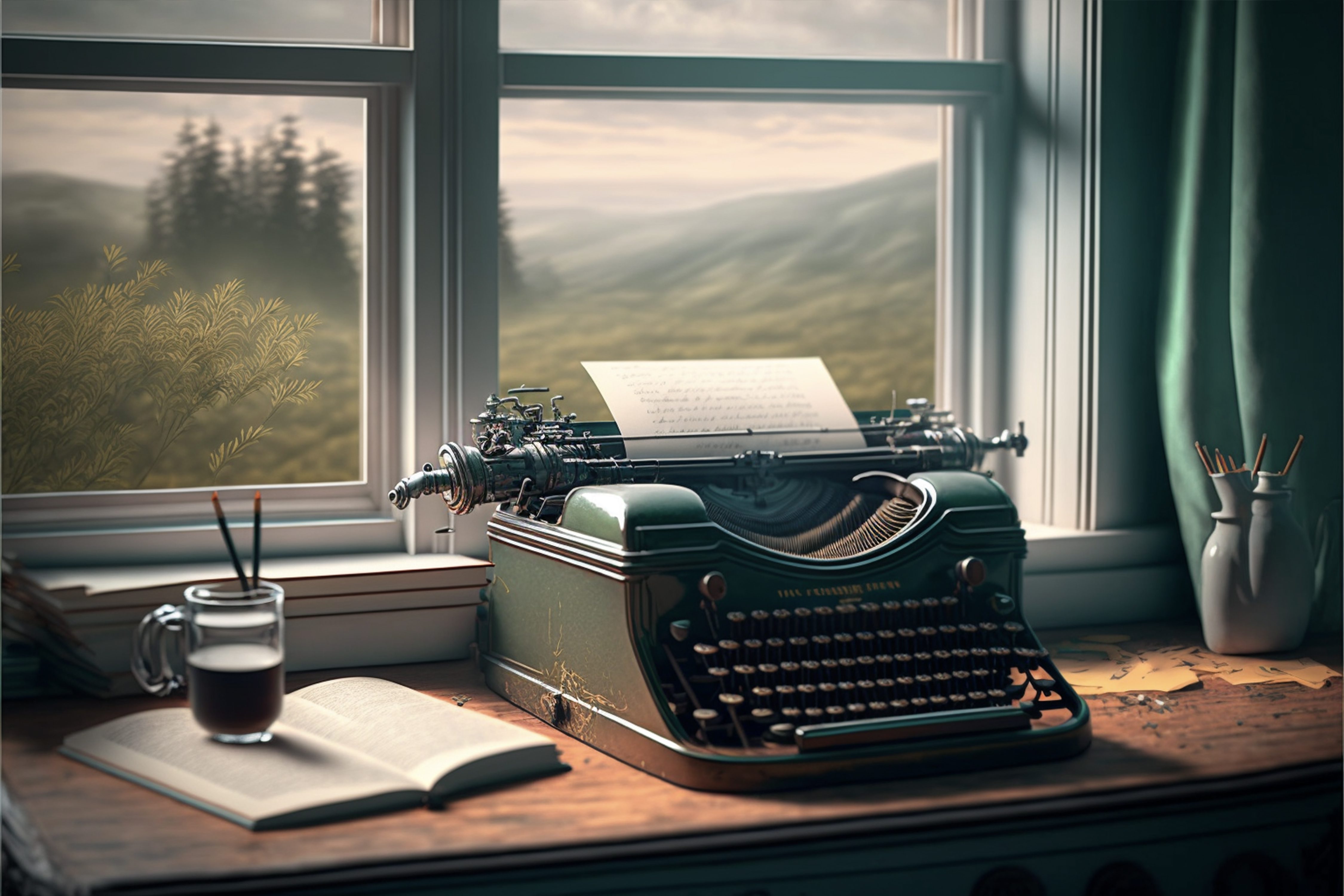 Schreibmaschine und Bücher am Fenster, Vorderansicht
