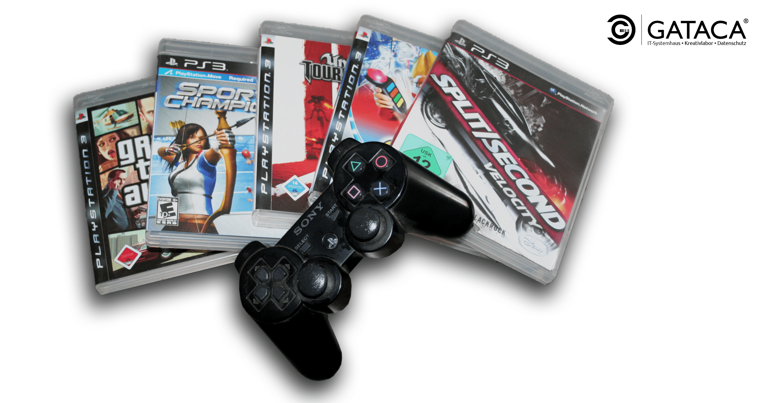 Eine Anreihung von PS3 Spielen mit Playstation Controller