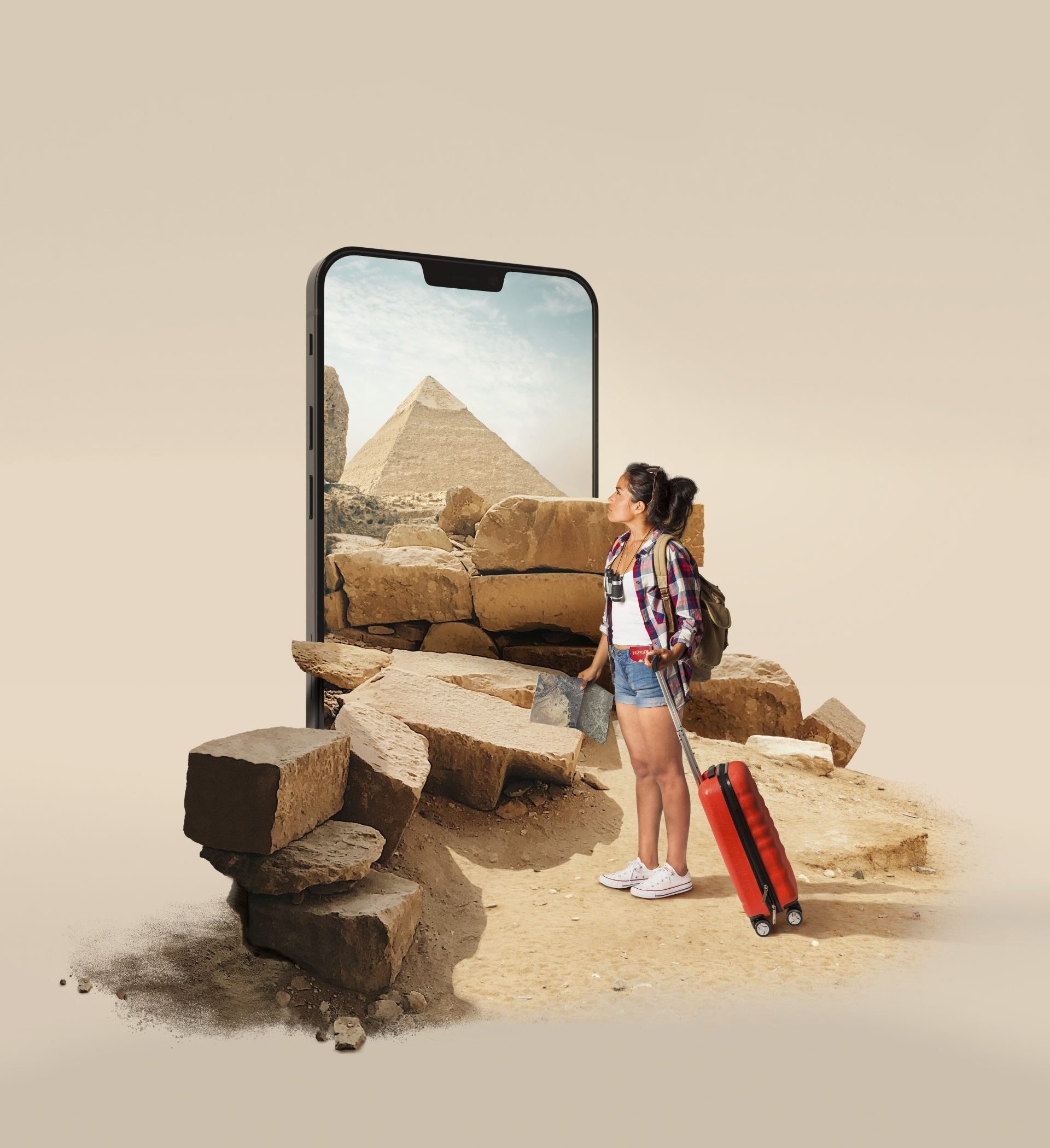 Collage einer Frau die in der Wüste steht welche durch ihr Handy erscheint